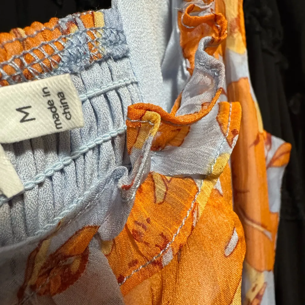 Astr The Label Medium Orange Blue Floral Square Neck Midi Dress - Image 6