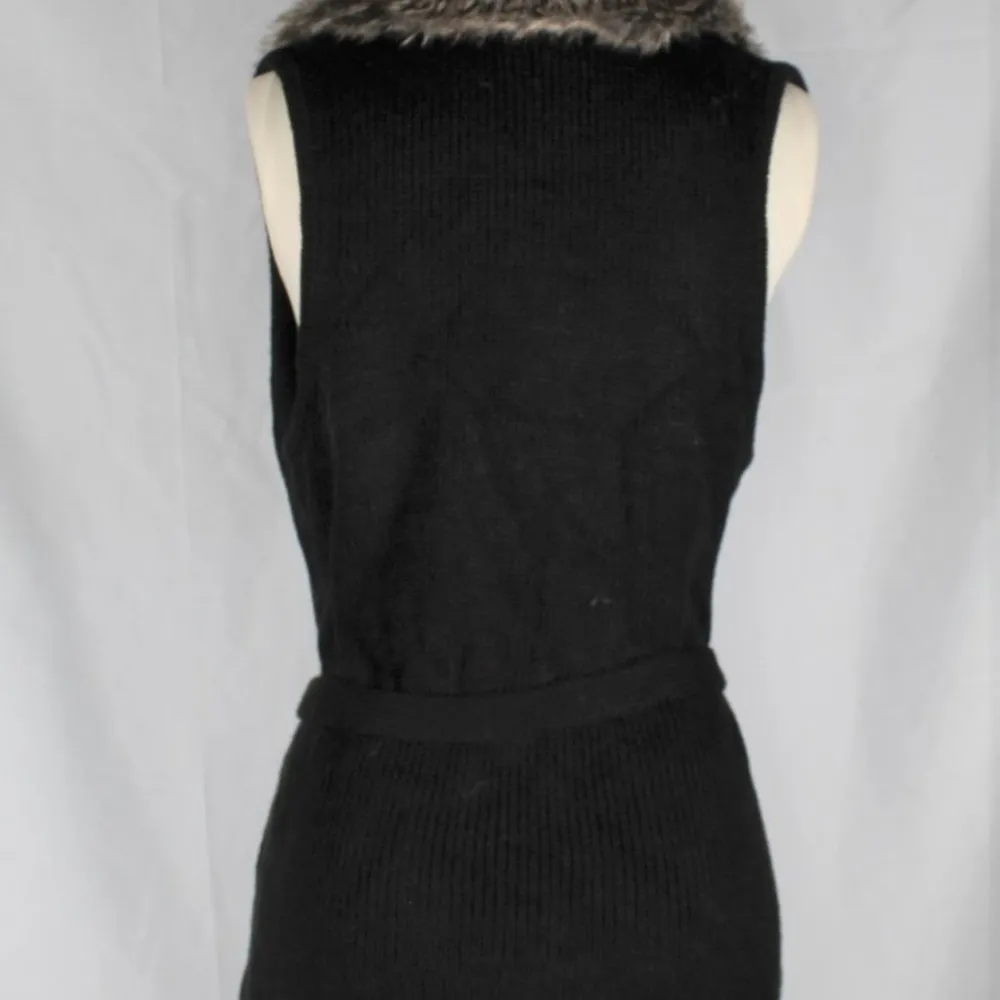 Y2K Black Knit Sweater Vest with Tan Faux Fur Detachable Collar Button with Tie - Image 5