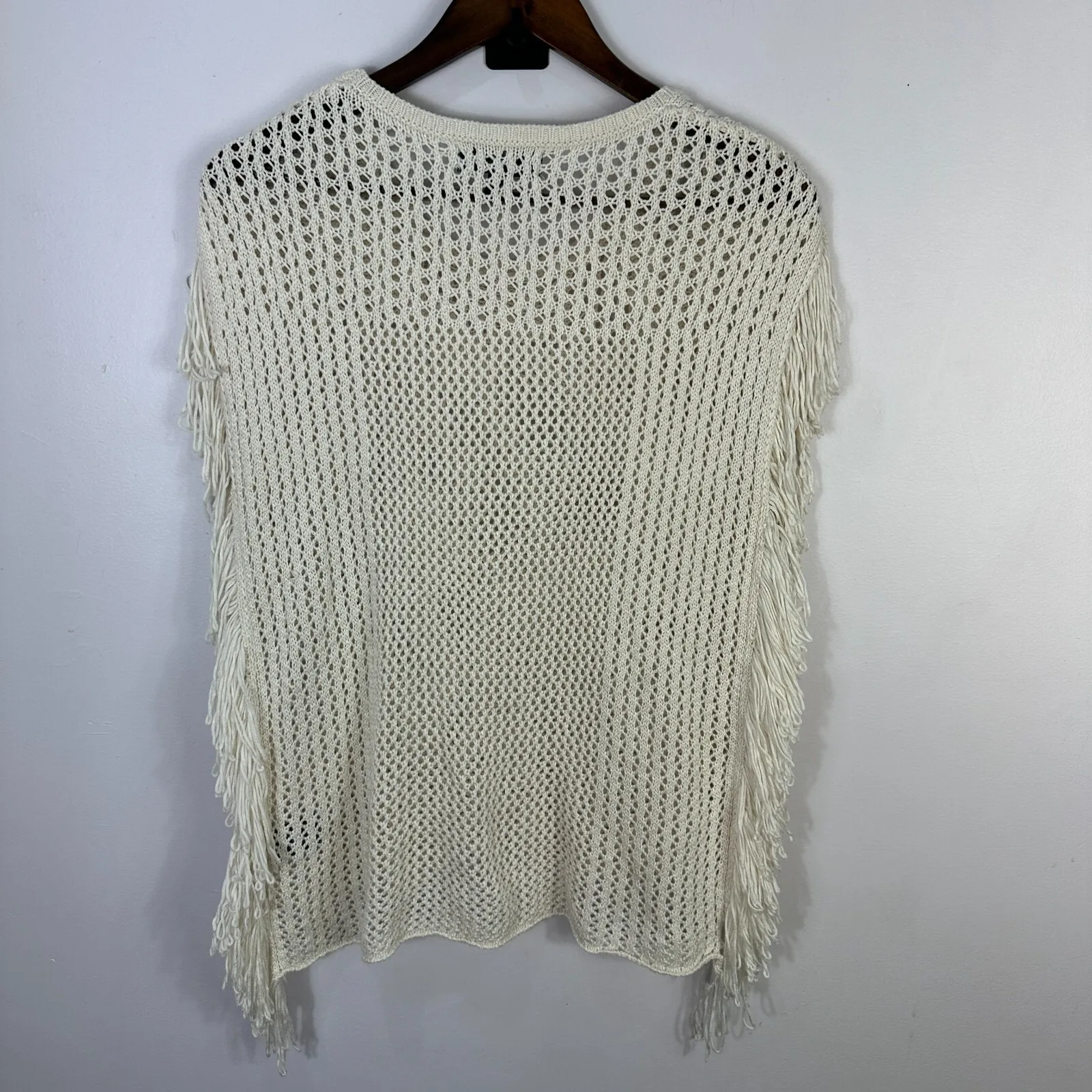 Mossimo Fringe Crochet Knit Sweater XS Cream Boho Festival Western Indie Layer - Image 3