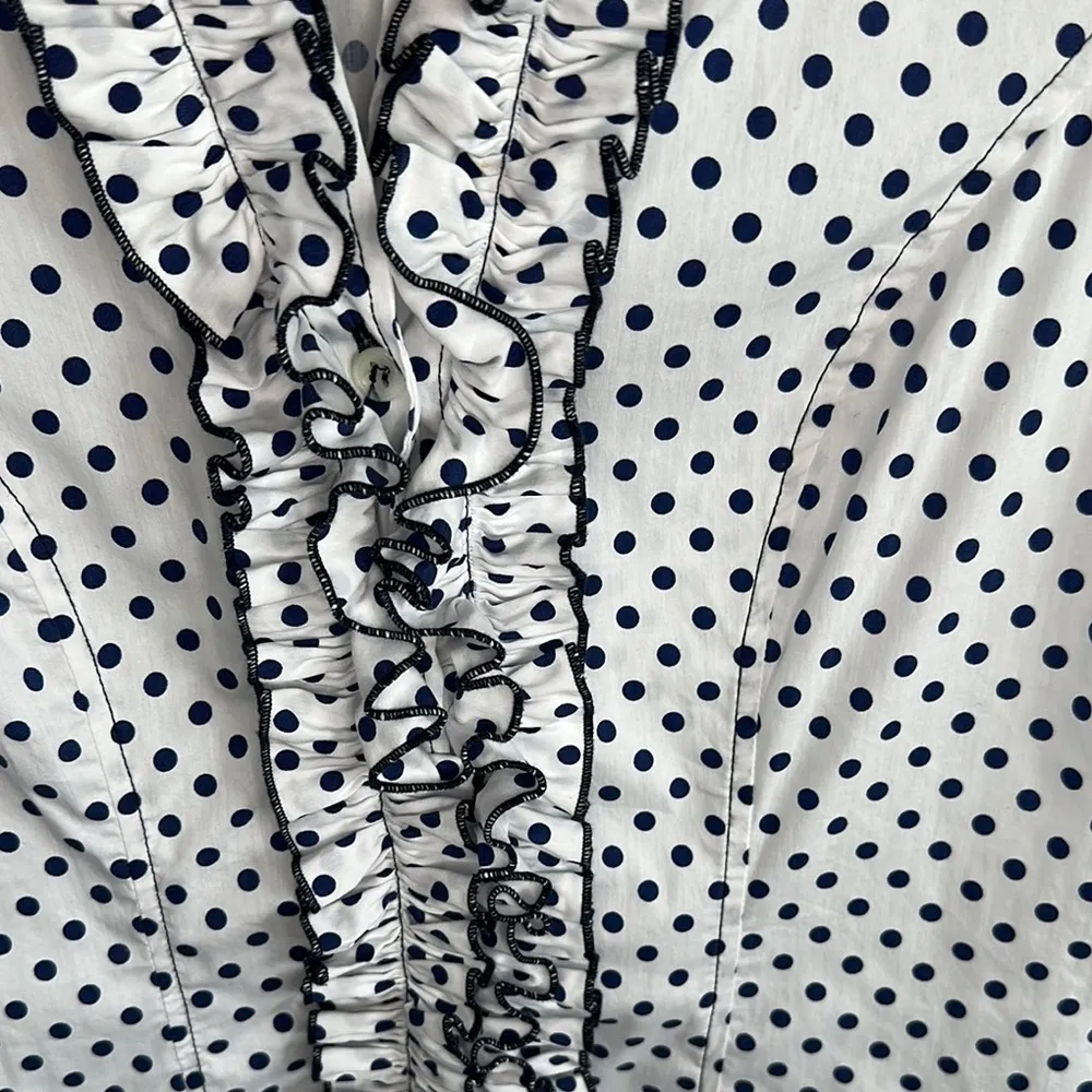 Gaia Boldetti White and Navy Ruffle Blouse Size 10 - Image 3