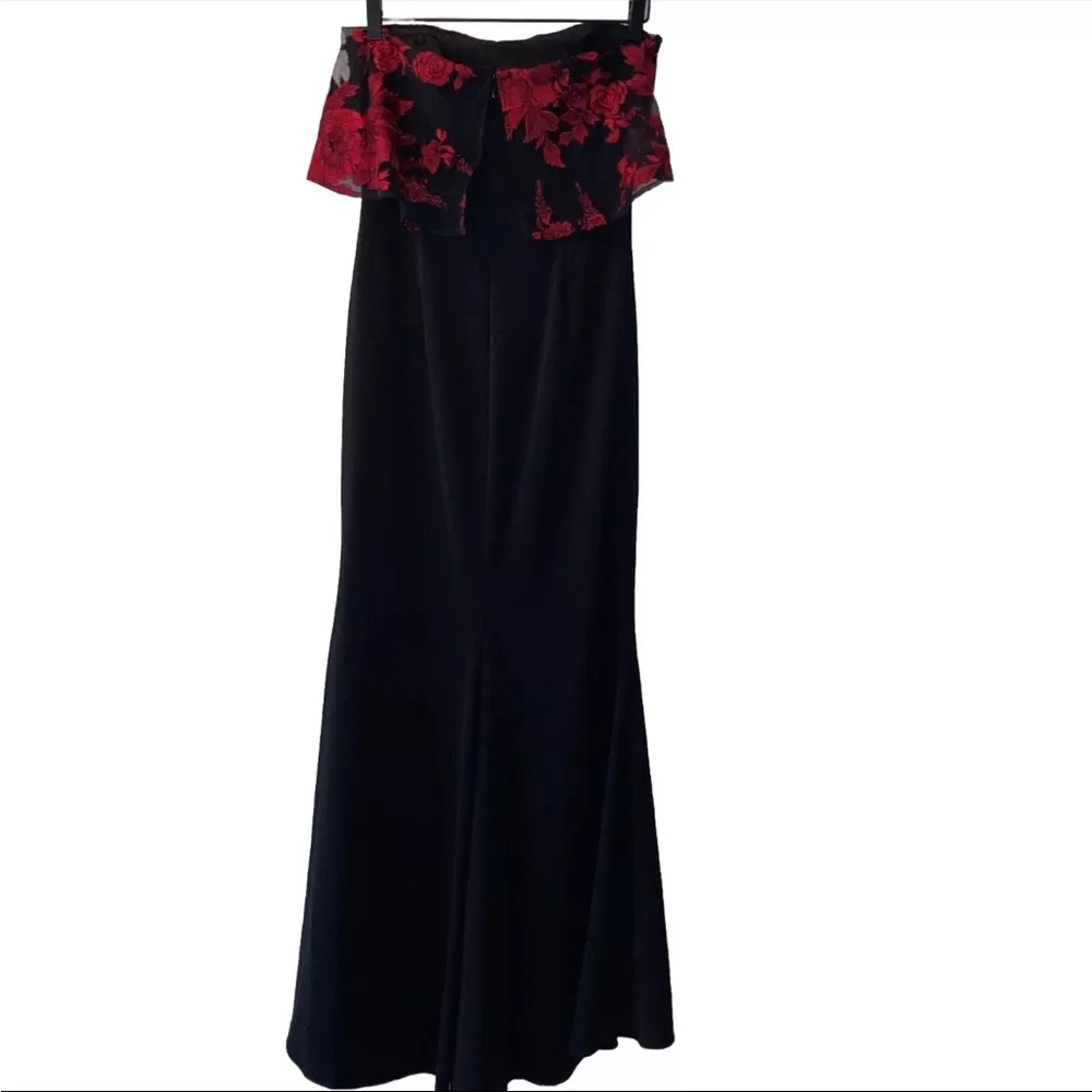 BADGLEY MISCHKA Floral Dress black red 6 Lace Formal Popover Gown strapless maxi - Image 11