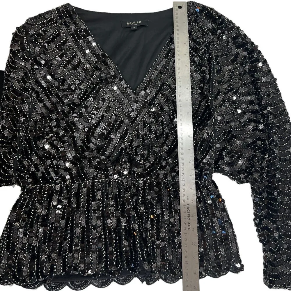 Black Sequin Embellished Peplum Blouse - Beulah Style - Image 12