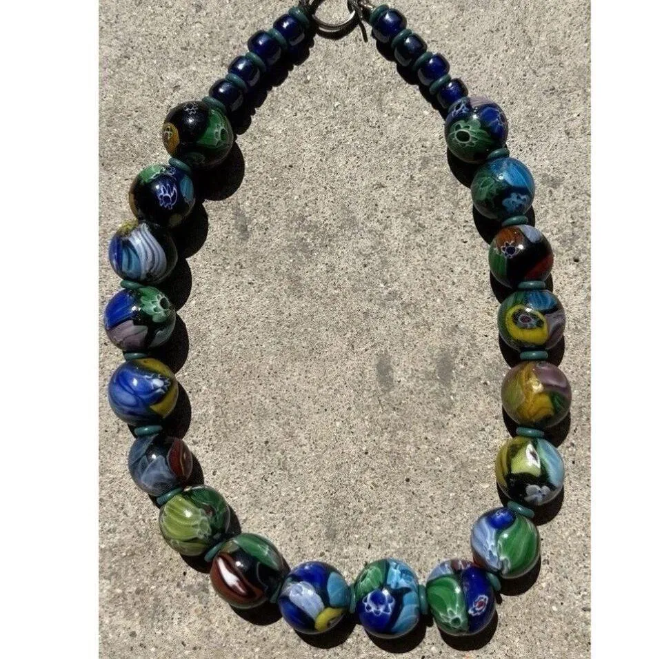 Vintage Colorful Ancient Roman Mosaic Glass Genuine Large Bead Necklace Sz 17” Blue - Image 3