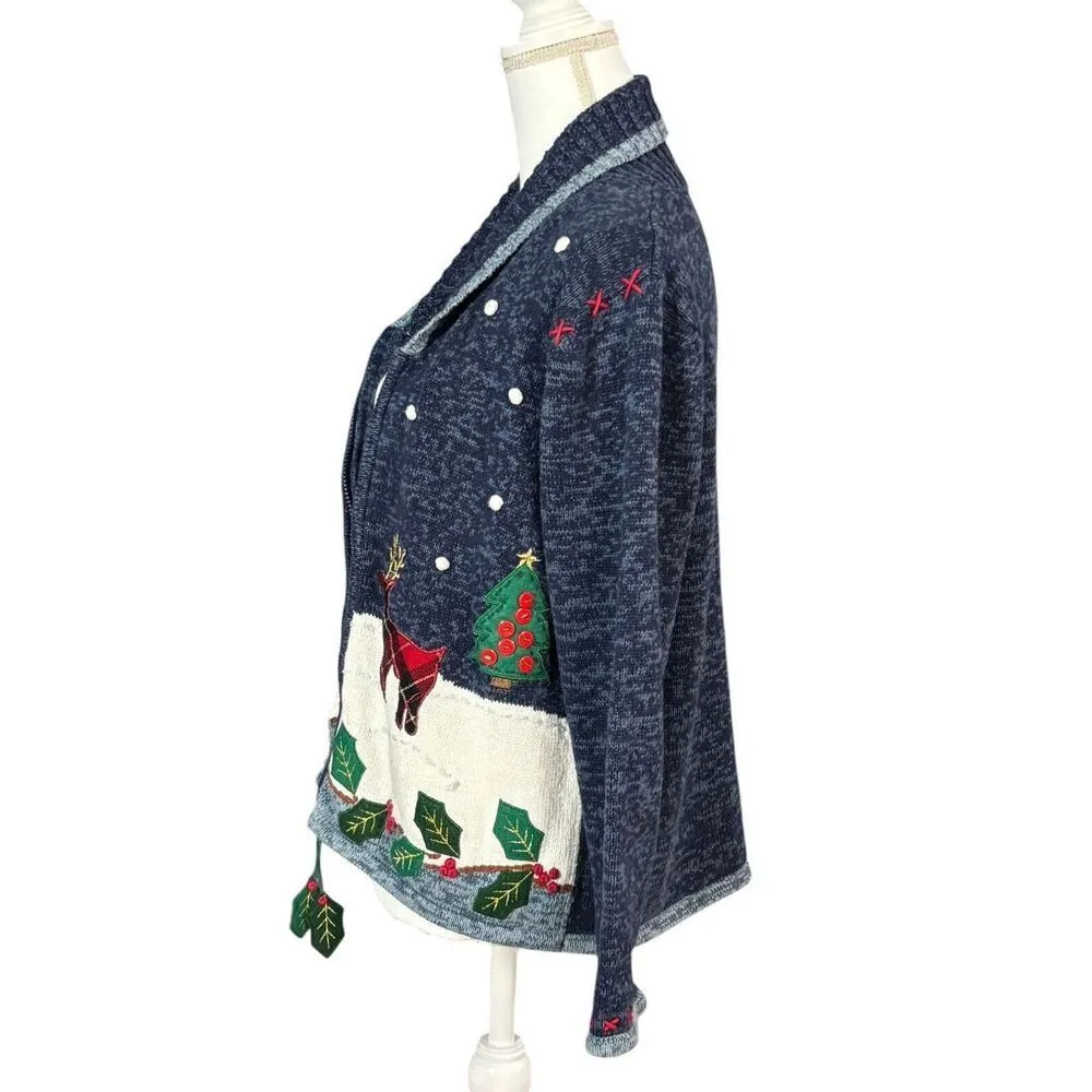 Ugly Christmas Sweater Zip Cardigan Size Medium Blue Reindeer Snow Fun Novelty - Image 6