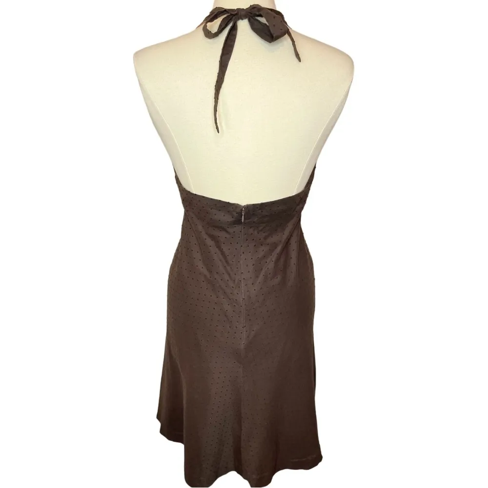 J.CREW Brown A-Line Halter Midi Dress w/ Textured Swiss Dots - Image 4