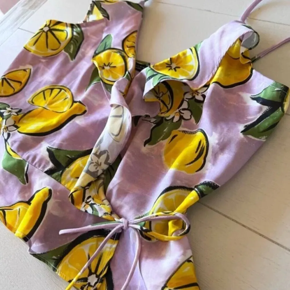 Zara Cropped Wrap Top S Lemon Print Ruffle Summer Blogger Fav Travel Vacation - Image 9