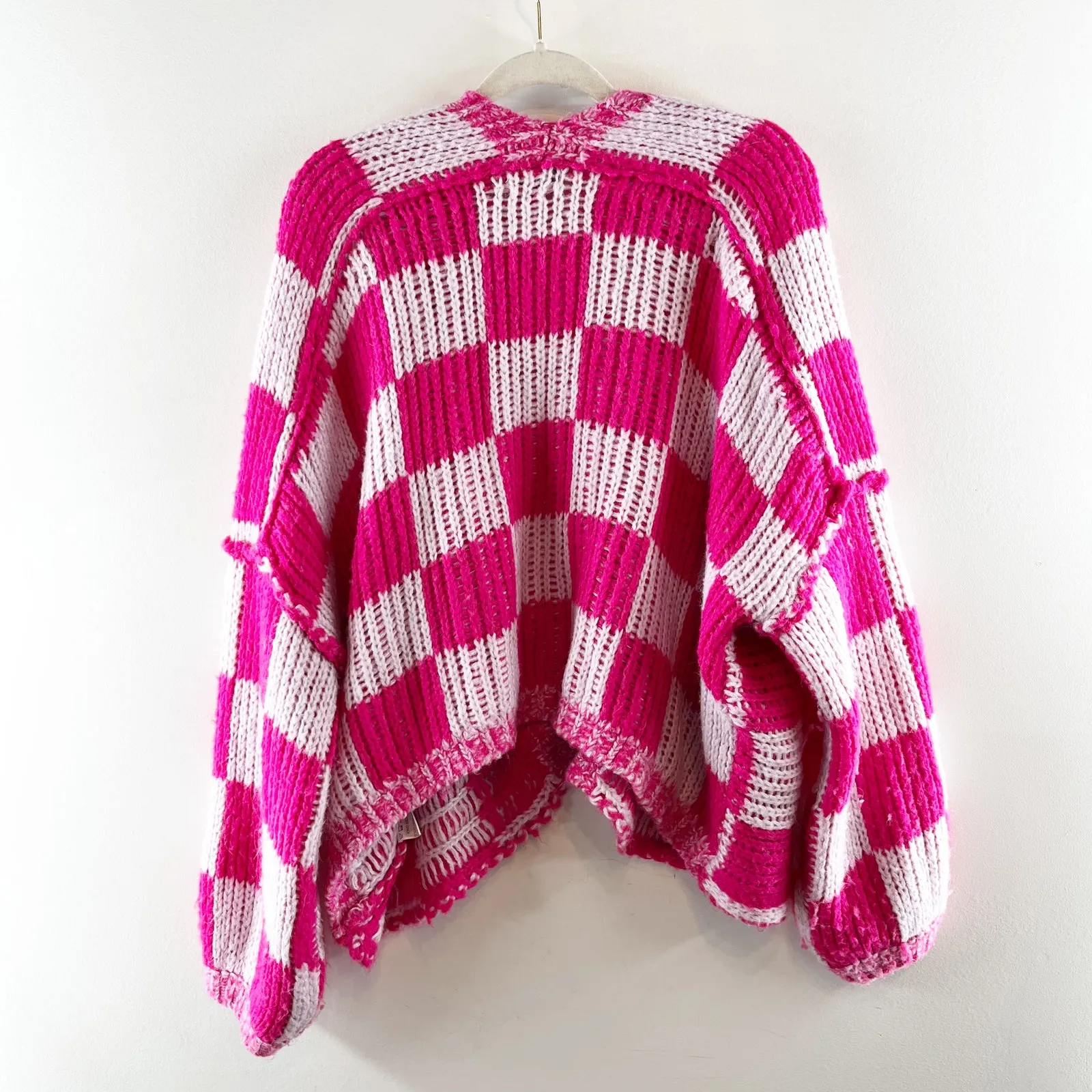 Olivaceous Checkered Print Open Oversized Cardigan Sweater Pink Medium - Image 4