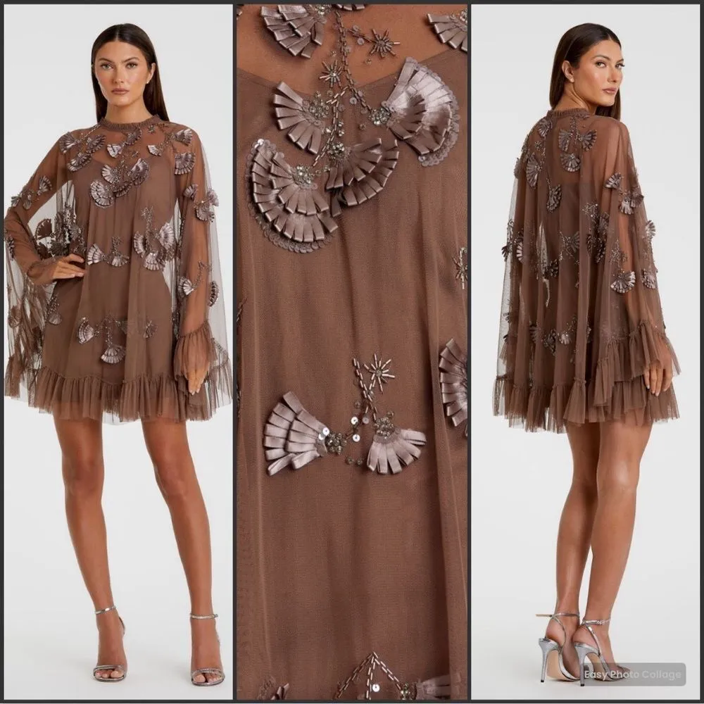MAC DUGGAL 9257 Brown Embellished Long Flare Sleeve Mesh A-Line Dress - Image 3