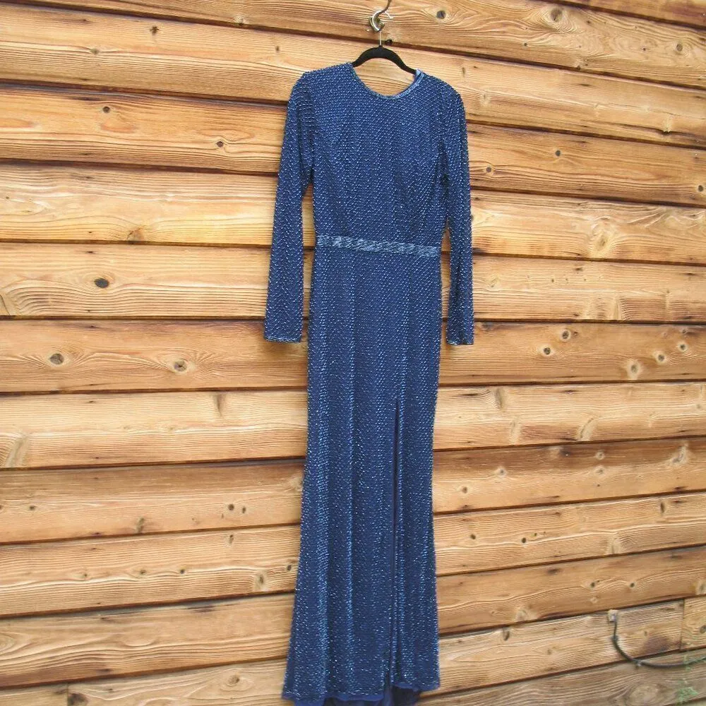 Mac Duggal 5056 Womens Blue BEADED HIGH NECK LONG SLEEVE GOWN WITH DETAILED BELT - Image 7