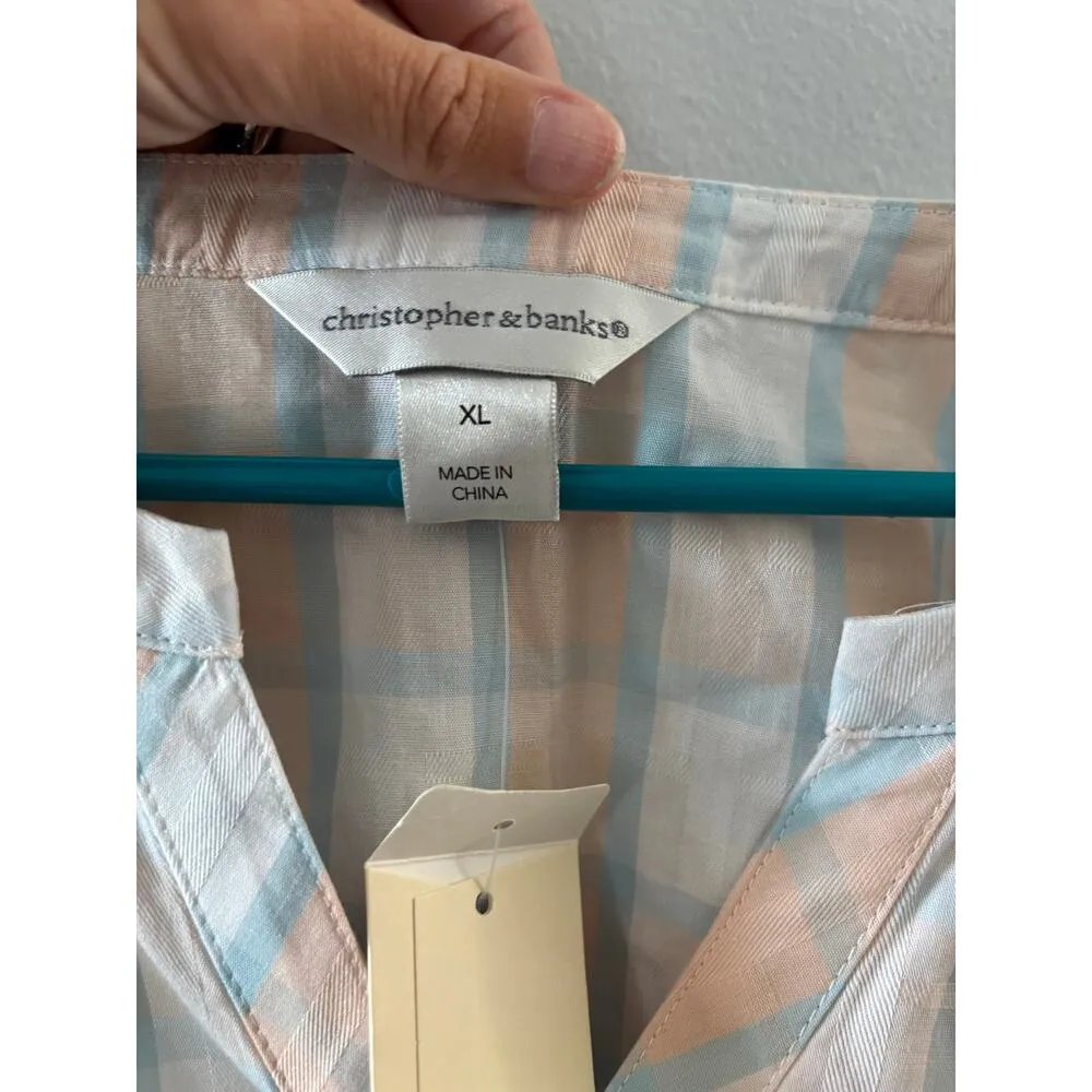 Christopher & Banks Womens Plaid Popover Blouse Size XL Pastel Beachy Coastal - Image 4