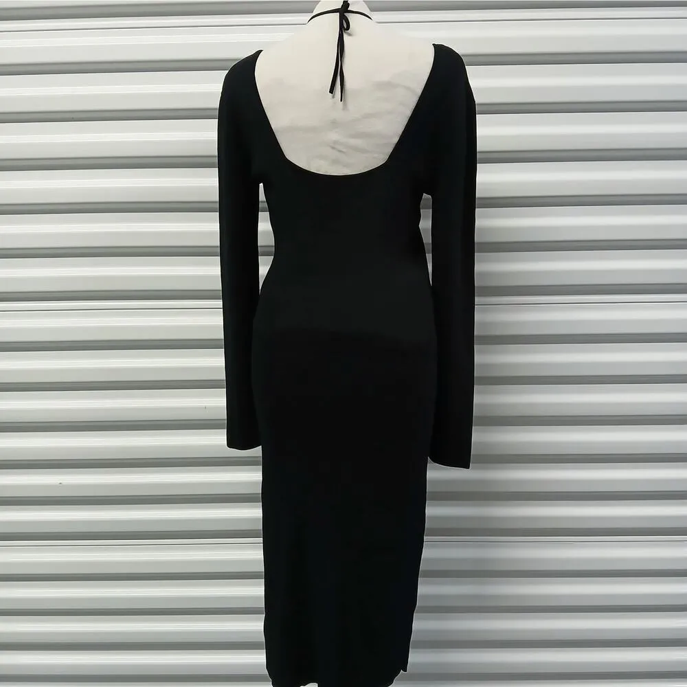 Massimo Dutti Knit Dress Women's Large Black Midi Halter Stretch Party Wedding - Image 3