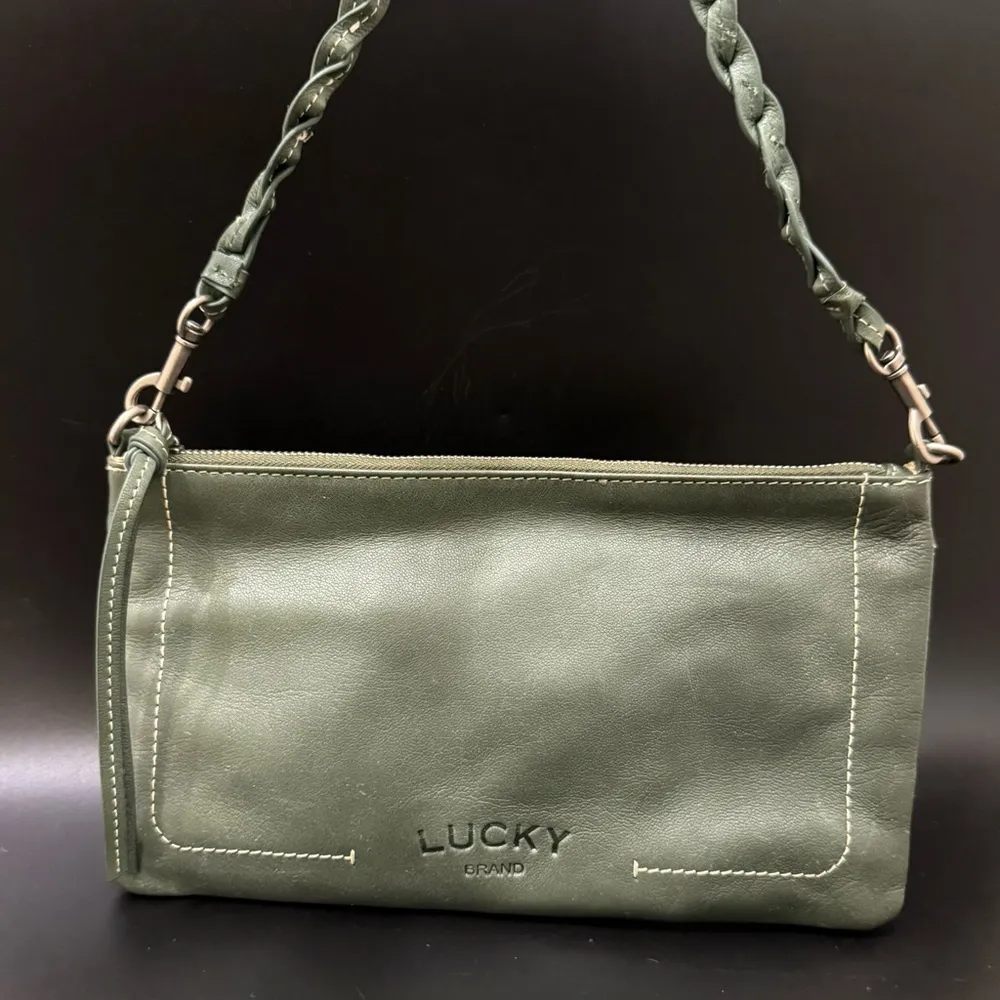 LUCKY BRAND Olive Green Genuine Leather Woven Strap Wristlet Mini Shoulder Bag - Image 4