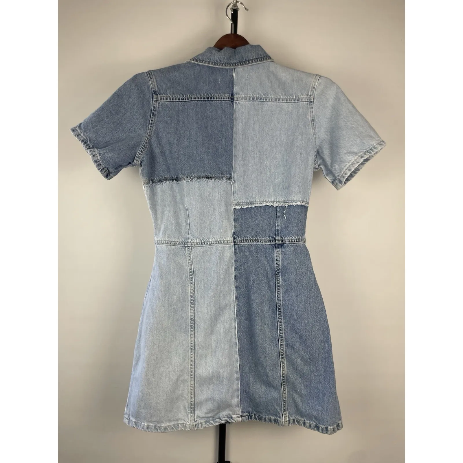 ZARA Blue Patchwork Mini Button‎ Up Blogger Fave Denim Short Sleeve Dress Size M - Image 7