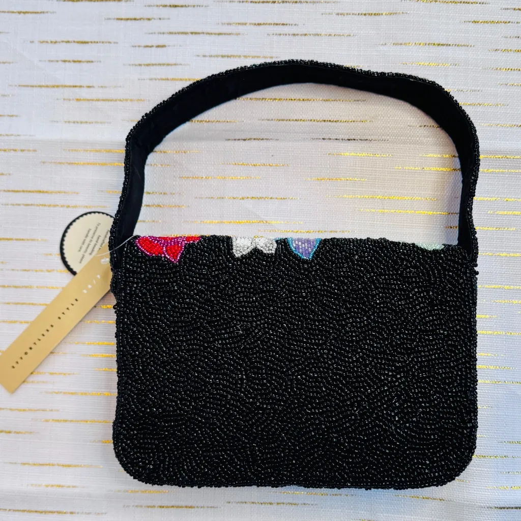 Beaded Floral Shoulder Bag | Black Mini Purse | Statement Evening Bag | NWT - Image 8