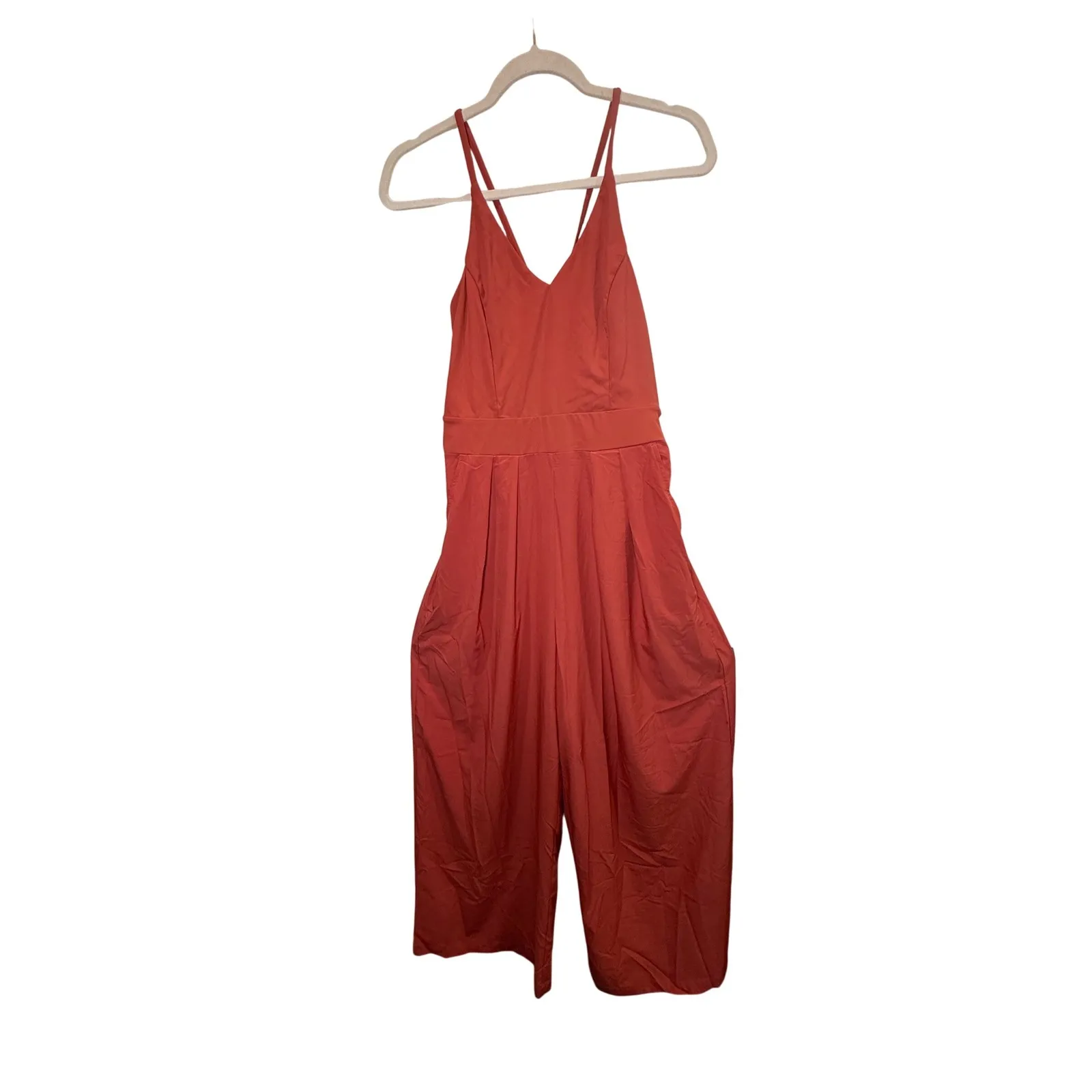Halara Wide Leg Jumpsuit Orange Spaghetti Strap Pleated Pockets Size Medium - Image 2