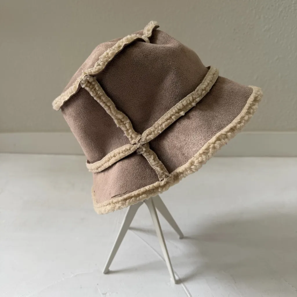 Shearling Fur Sherpa Bucket Hat Camel Khaki Unisex Winter Cap Almond Ivory Tan - Image 2