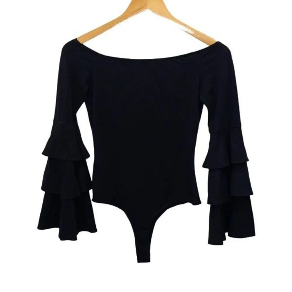 Aqua Womens Off-the-Shoulder Ruffled Bodysuit Black‎ Size Small - Image 3