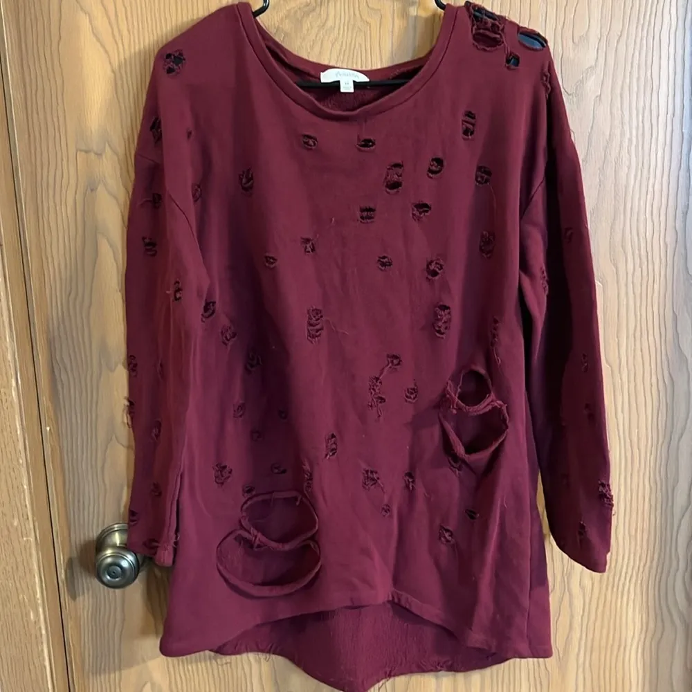 ActiveUSA Women’s Distressed‎ Grunge Burgundy Oversized Sweater Medium - Image 8