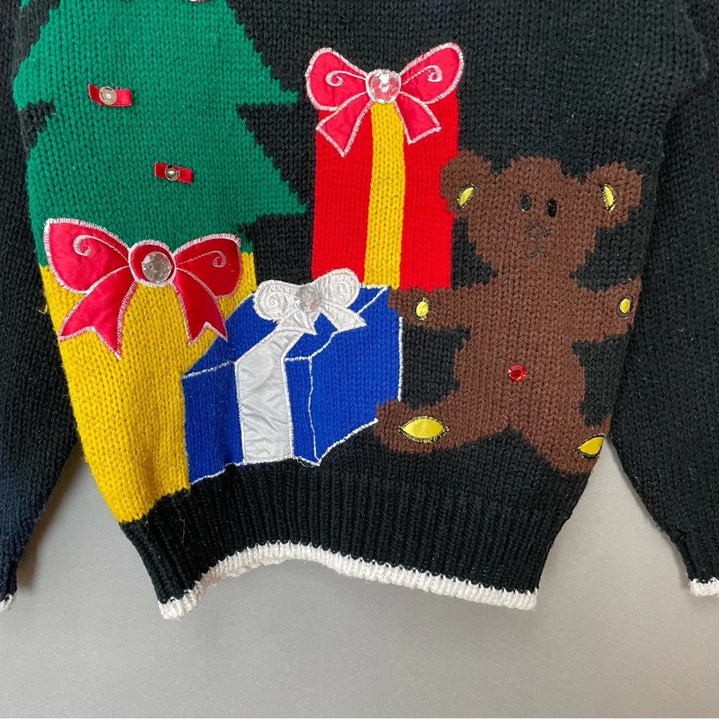 Vintage Christmas Sweater Teddy Bear Quirky Ugly Fun Tree FLAWS Women Medium Black - Image 6