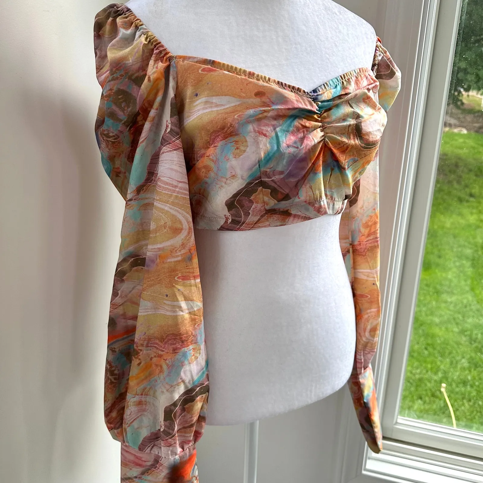 Festival Pastel Marble Boho Fairy Ruched Crop Blouse Long Sleeve 4‎ / Small NWT - Image 5