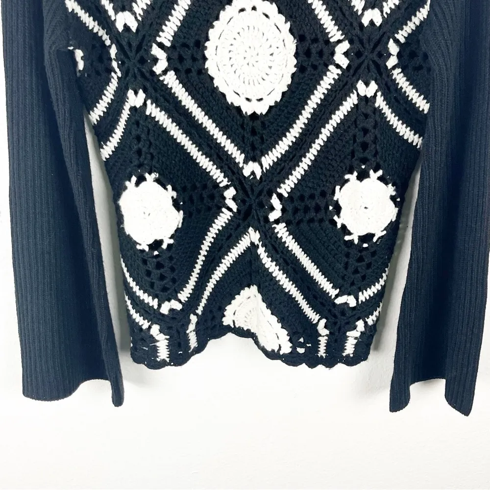 BOSTON PROPER Black White Crochet Knit Ribbed Long Sleeves Sweater, Size Small - Image 7