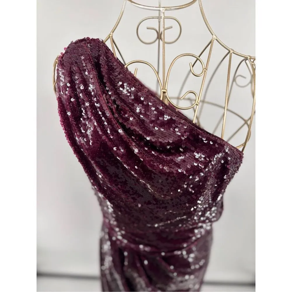 Kay Unger Alexia One Shoulder Sequin Midi Dress Oxblood Womens Size 4 Evening - Image 5