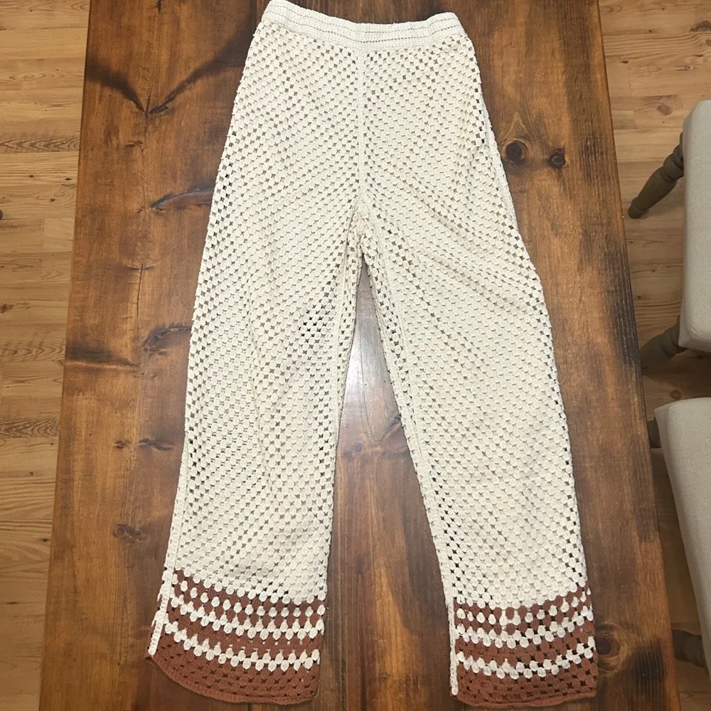 White and Brown Coastal Cowgirl Beachy Small Crochet Pants - Image 6