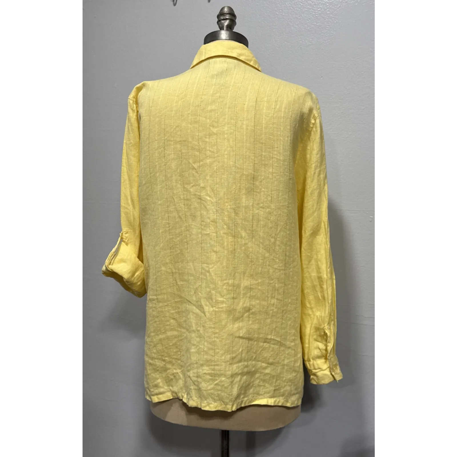 Sag Harbor Womens Linen Button Up Tunic Shirt Collared Roll Tab Sleeve Yellow S - Image 3
