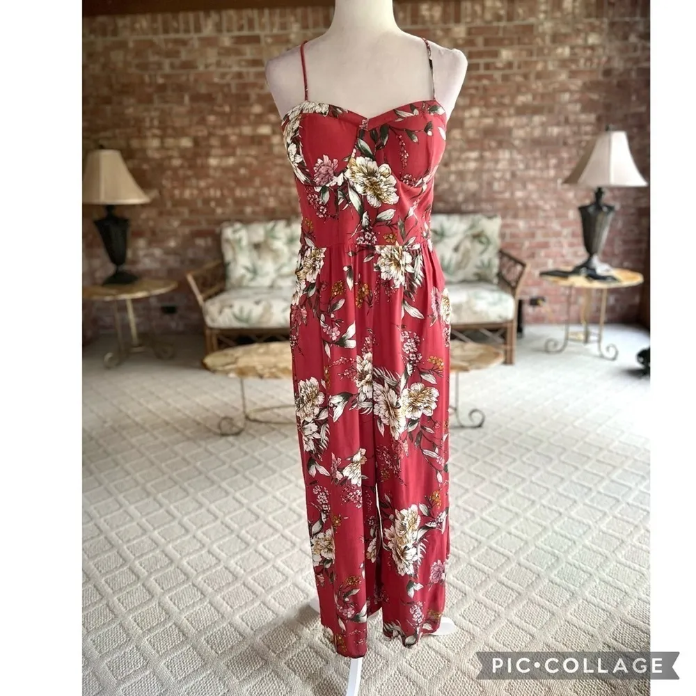 Xhilaration Jumpsuit Floral Wide Leg Corset Bodice Brick Red M Party Date - Image 3
