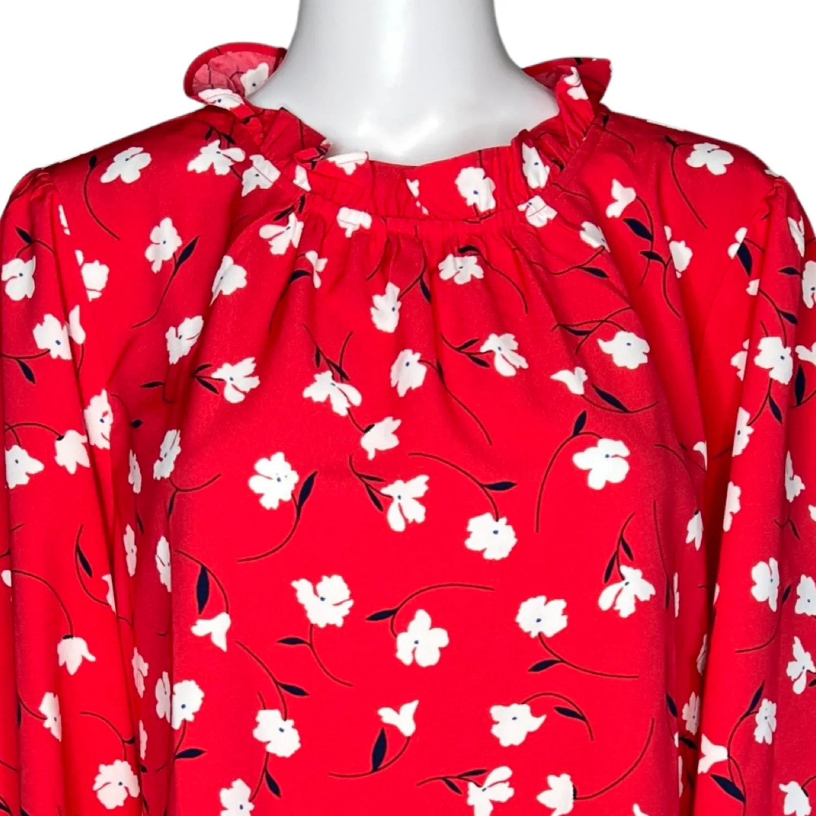 J Crew Blouse Womens Large Red Floral Print Long Sleeve Ruffle Neck Top Bohemian - Image 5