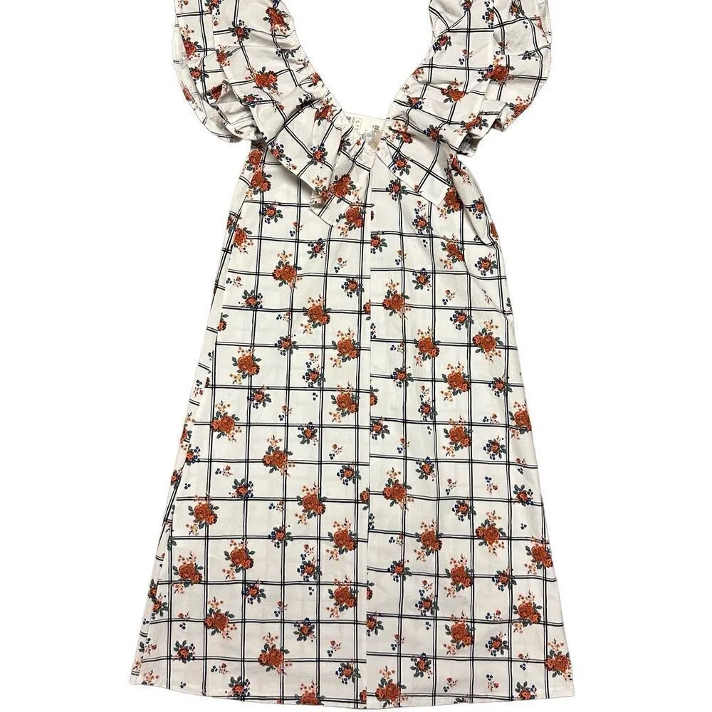 NWT Zara Floral Windowpane Floral White Ruffle Sleeve Midi Dress Chic Sz S - Image 4