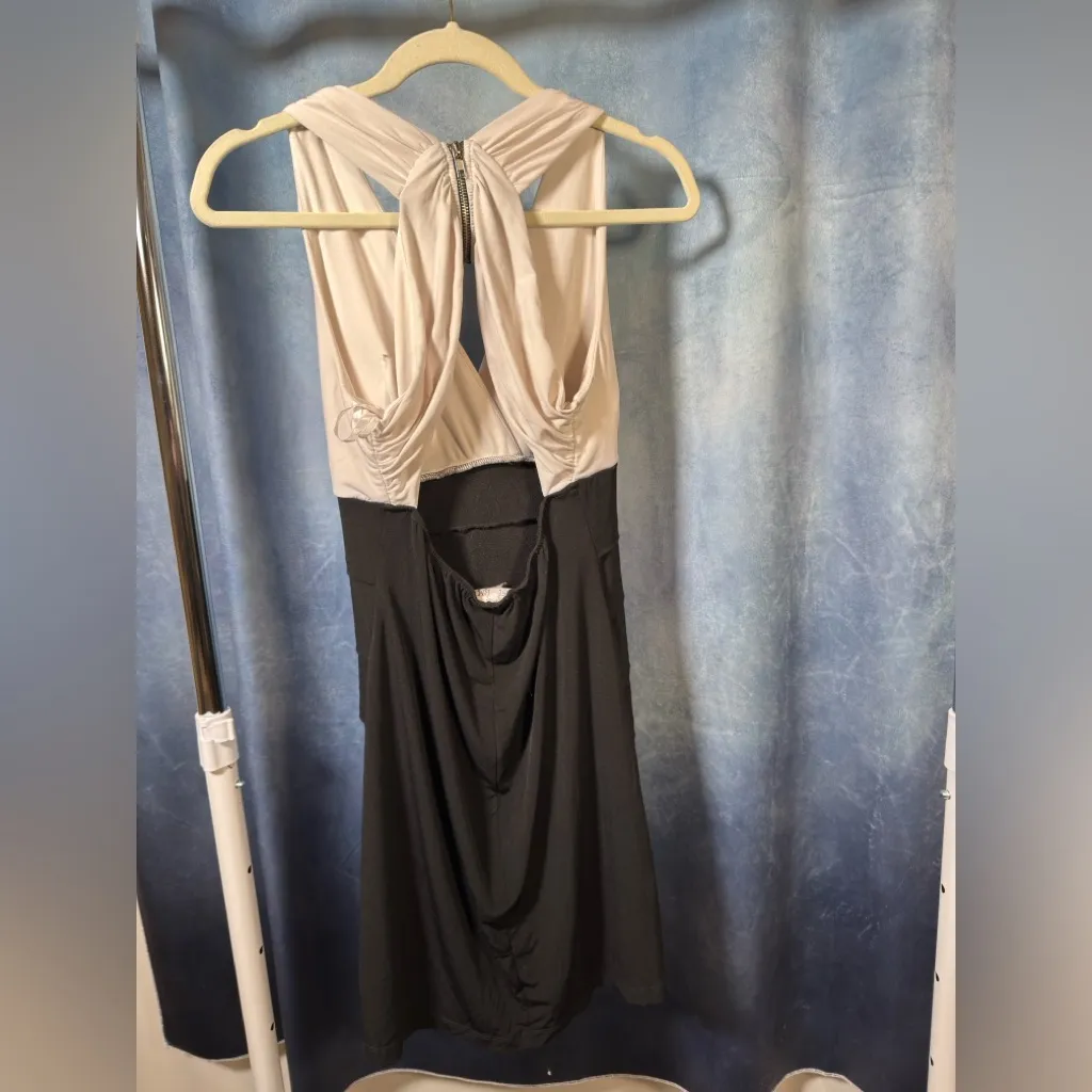 Sweet Storm Black and Cream Ruched Halter Cocktail Dress - Image 3