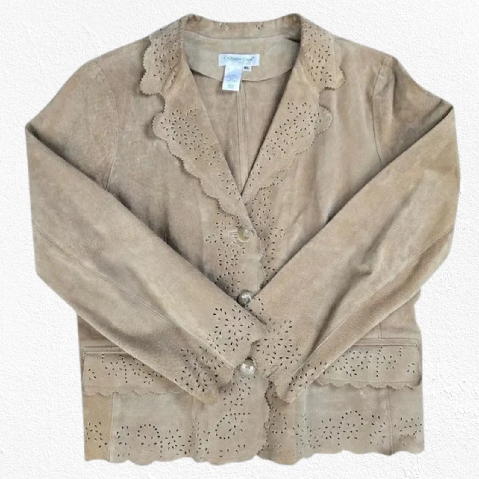 90s Vintage Tan Eyelet Lightweight Western Boho Leather Jacket Size Large Petite - Image 2