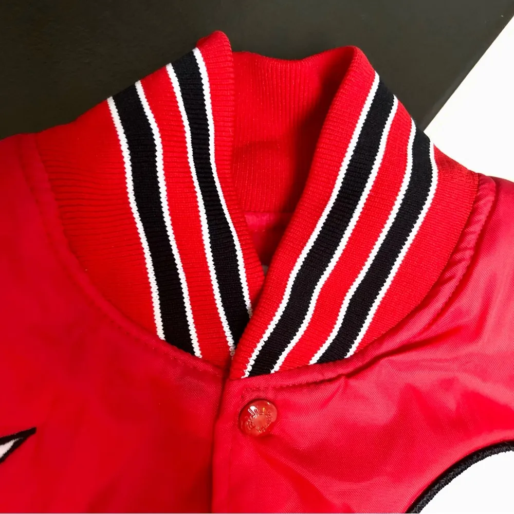 Vintage 70s 80s Bright Red Birdie Satin Varsity Jacket Bomber Portland Softball Size L - Image 4