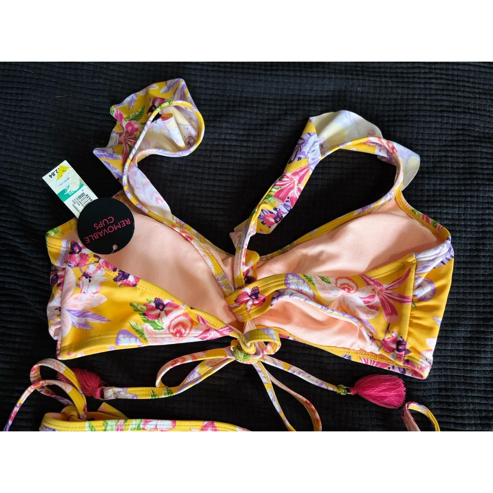 No Boundaries Yellow/Pink Floral Bikini Top‎ XL Bottom L Ruffle Tie/Tassels NWT - Image 9