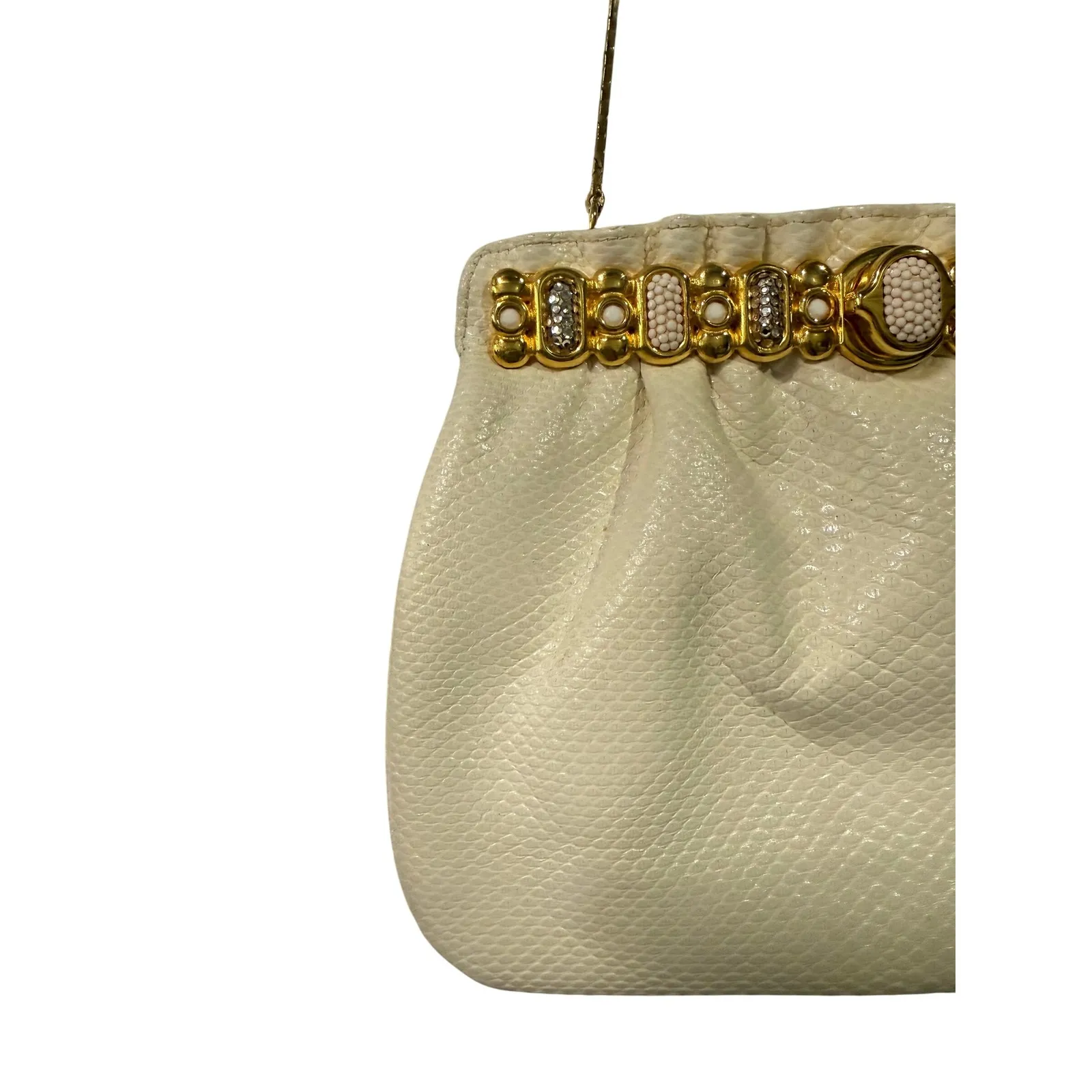 Finesse La Model Vintage Cream Evening Bag Gold Jewel Lock Snakeskin Texture - Image 7