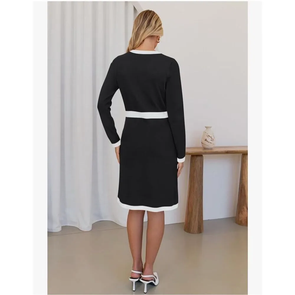 NEW Long Sleeve Sweater Dress Career Color Block Button Knit Midi Dress S - Image 2