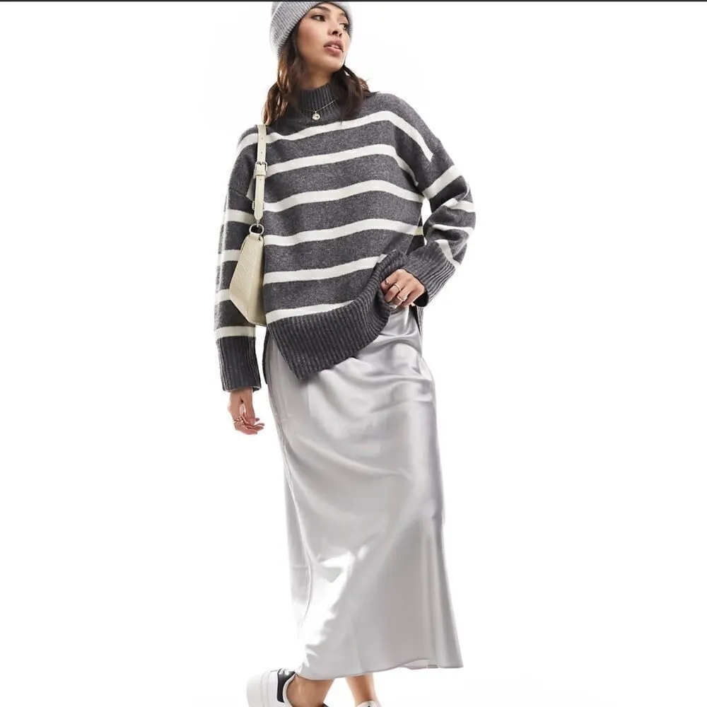 ASOS DESIGN Longline Jumper With High neck Charcoal Stripe XS NWT IN PKG - Image 3