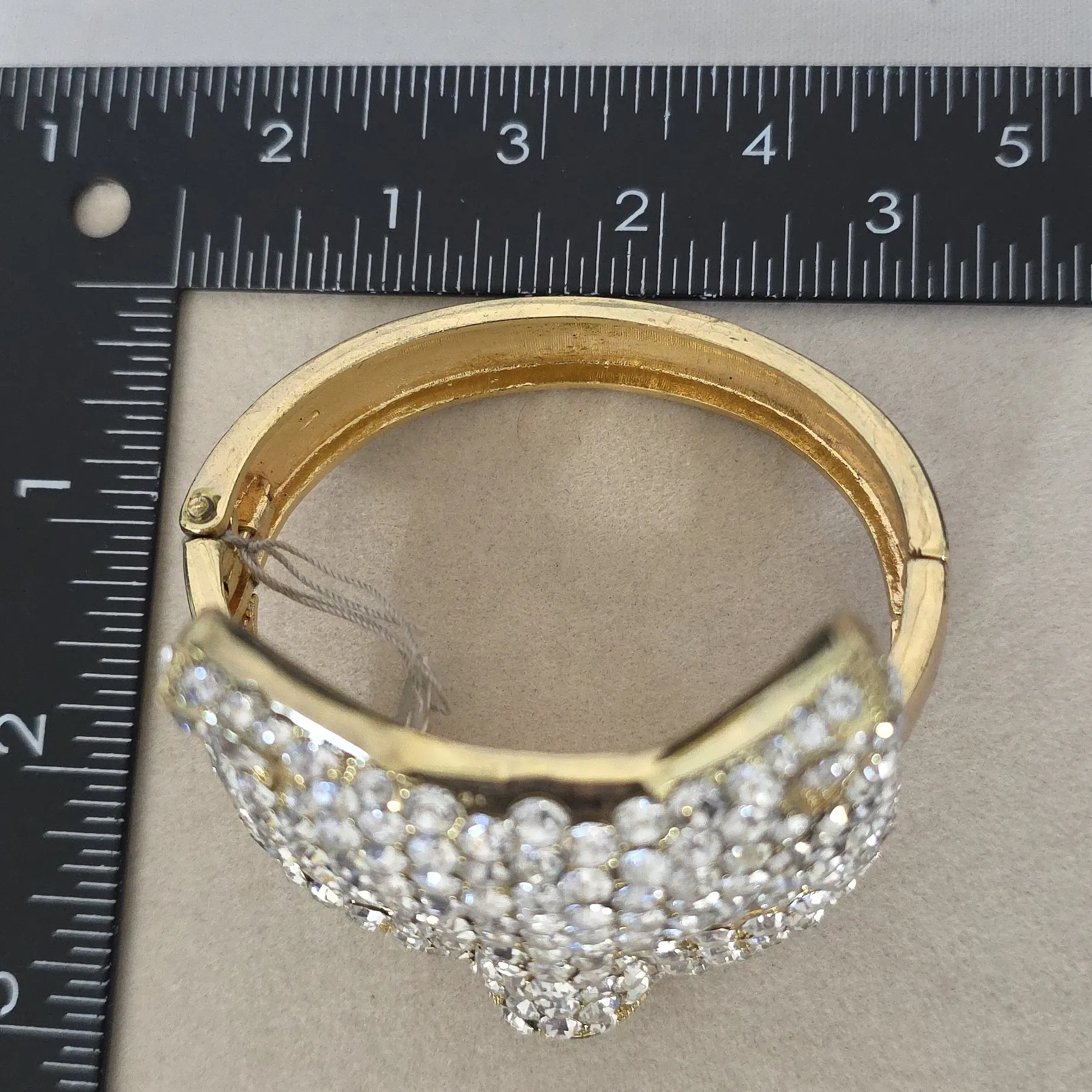 Vintage Statement Gold wirh CZ Rhinestone Cat Mask Clamper Hinge Bracelet - Image 6