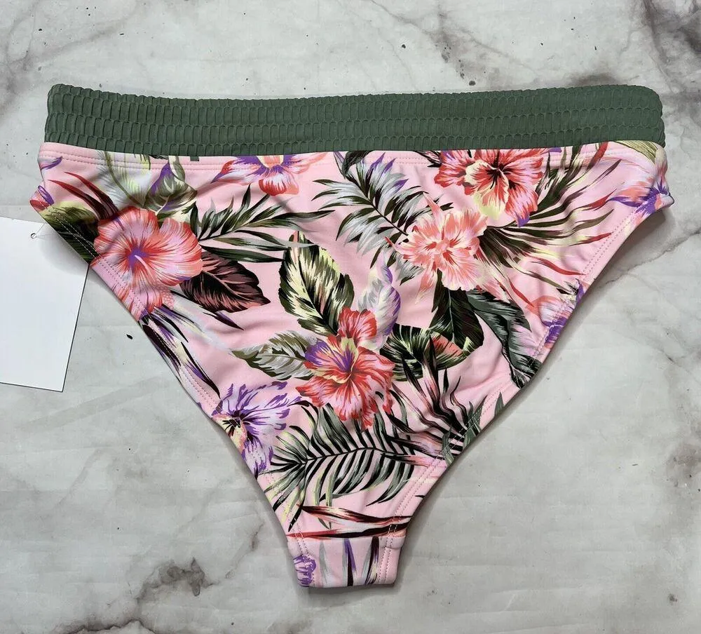 CALIFORNIA SUNSHINE Juniors Pink Textured Bikini Swimsuit High Waist Bottom L - Image 4