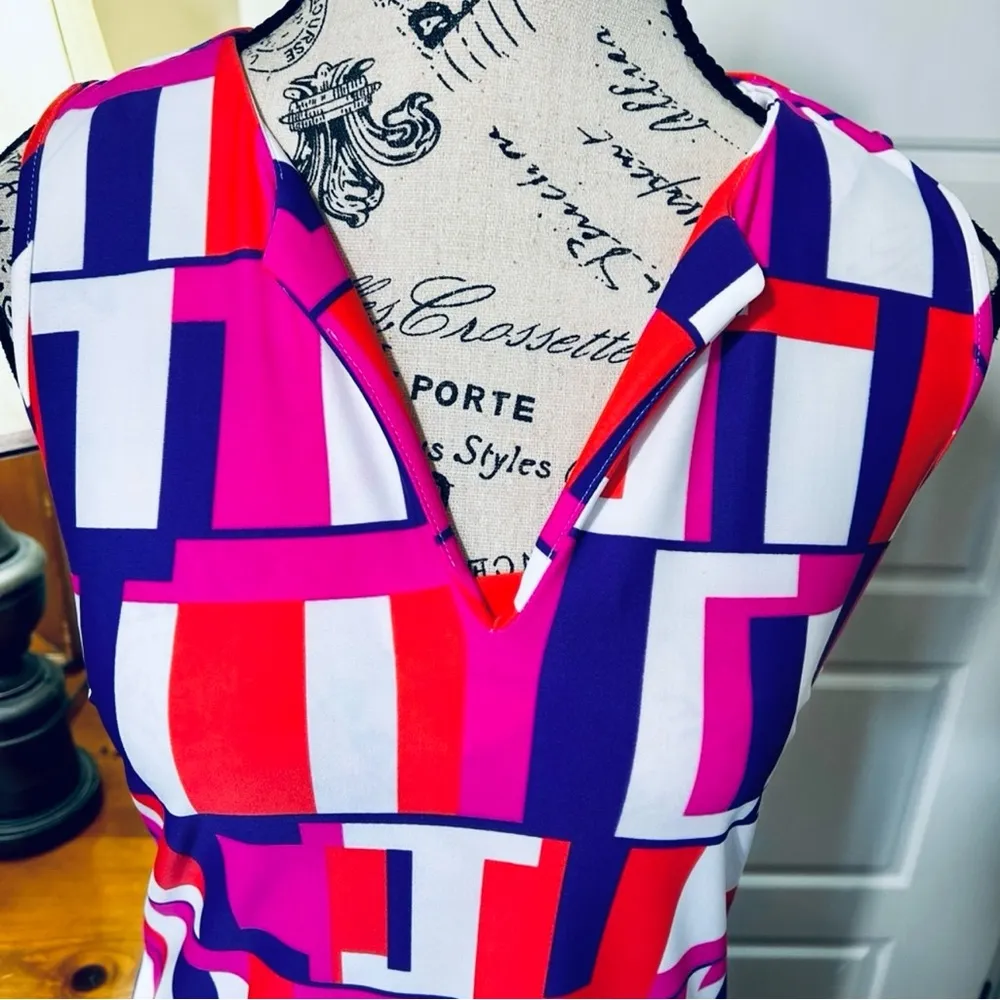 JUDE CONNALLY Sleeveless Retro Print Mod Blocks Knee Length Sheath Dress XS Pink - Image 3