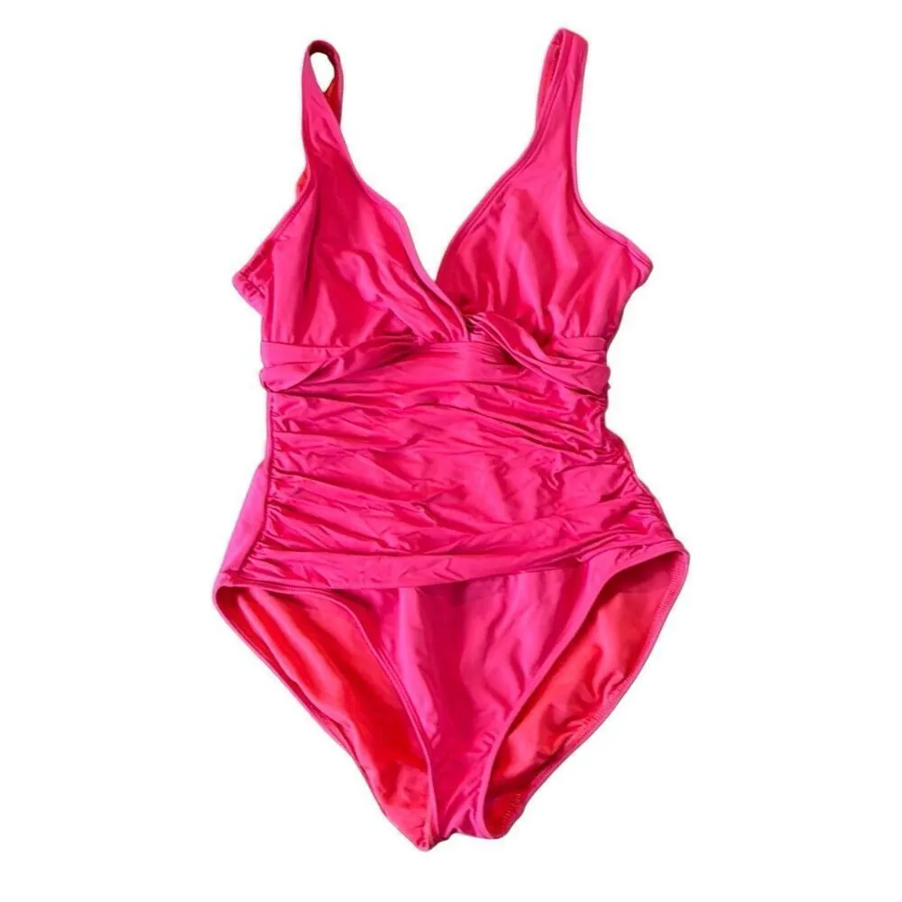 Lauren Ralph Lauren neon pink vneck ruched tummy control one piece 10 - Image 2