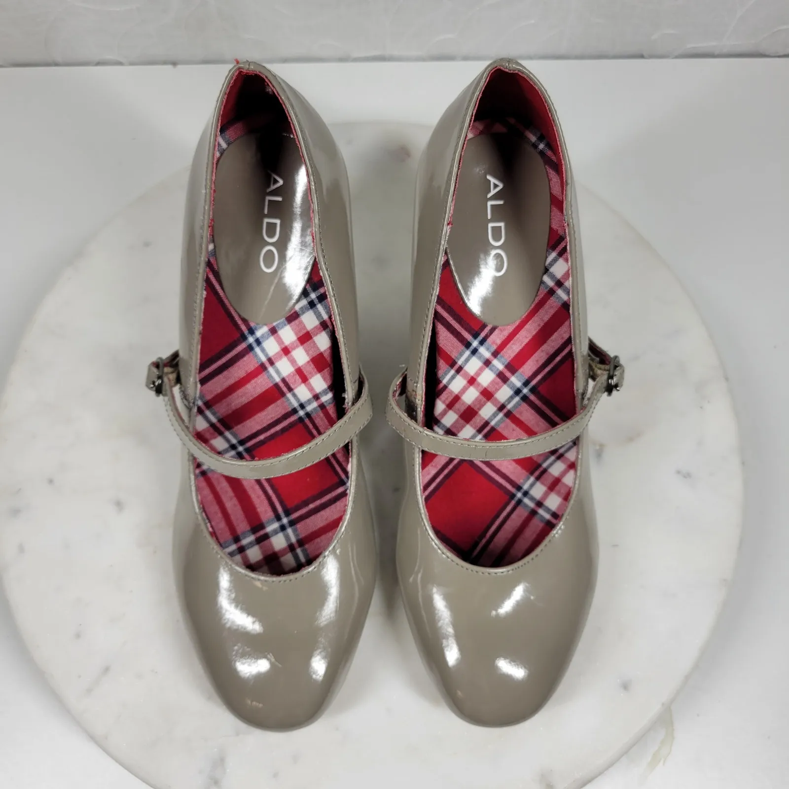 Aldo Womens Mary Jane‎ Wedge EU 39 US 9 Gray Patent Leather Cross Strap Heel - Image 6