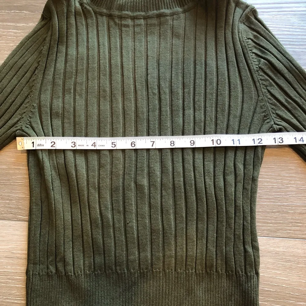 Zara Ribbed Knit Viscose Fitted Dark Green High Neck Long Sleeve Sweater Size M - Image 7