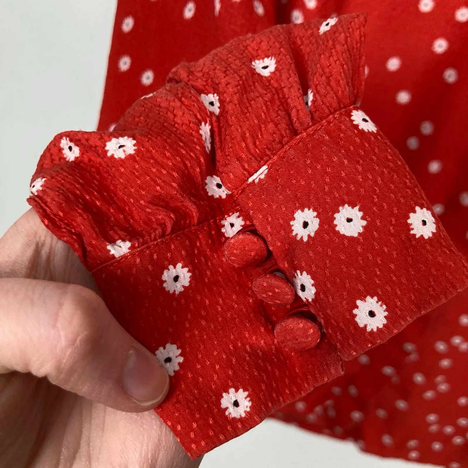 Sezane Womens 36 Red Microfloral Silk Lady Shirt Quiet Luxury Old Money Romantic - Image 6