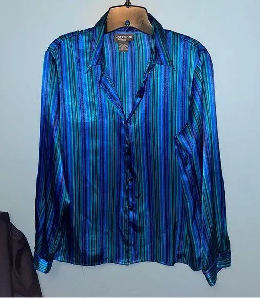 Notations Clothing Company Vintage Striped Satin Button Up Size Petite Large - Image 1
