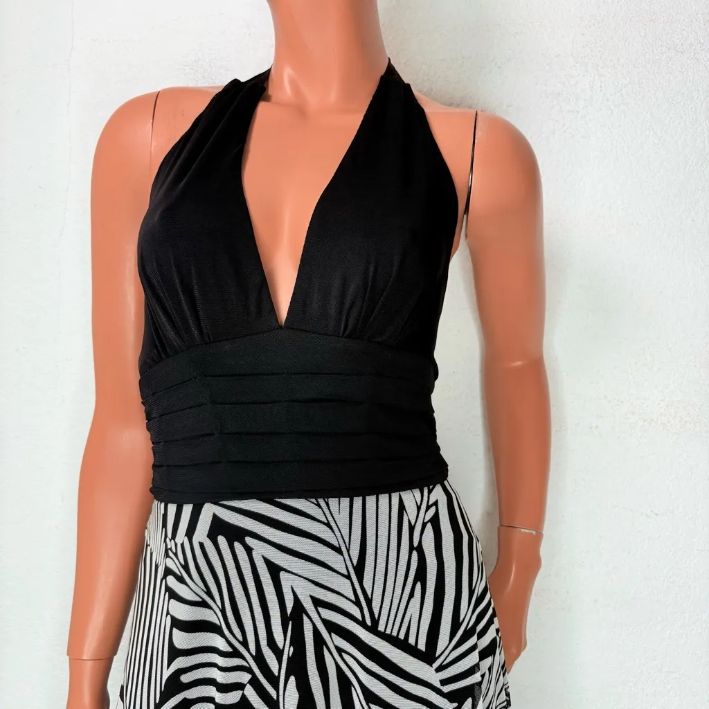 Y2K Mesh Plunging Halter Maxi Dress Womens Sz 6 Black & White Graphic Leaf Print - Image 5