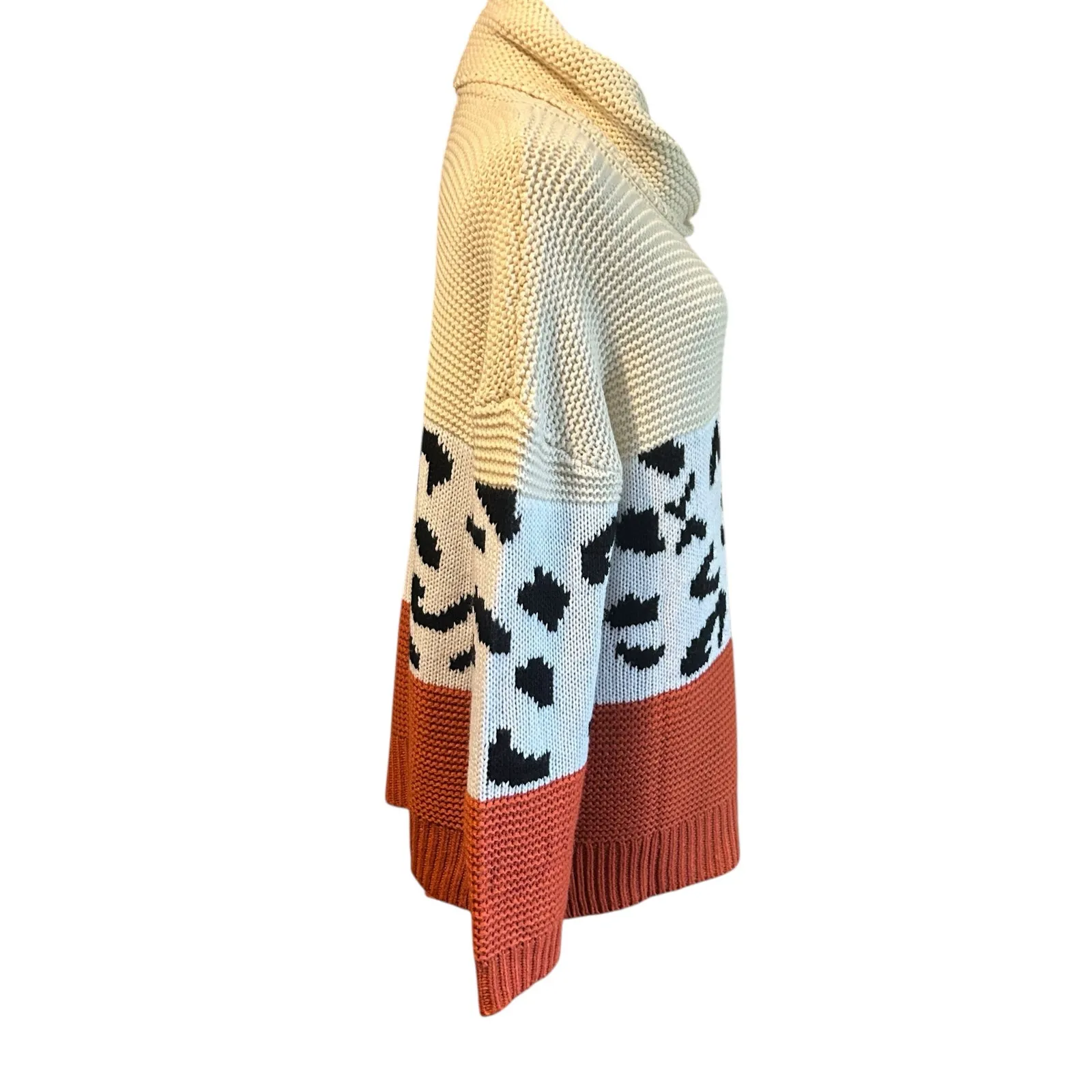 Sweater Cowl Neck SZ LG Multi Knit and Colors Cheetah Chunky Eclectic Aralyn Rae White - Image 7