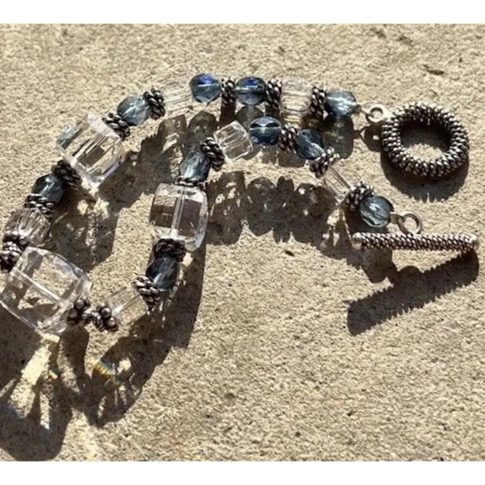 Vintage Silver Boho Chunky Blue White Clear Beaded Glass Women’s Sz 7” - Image 10