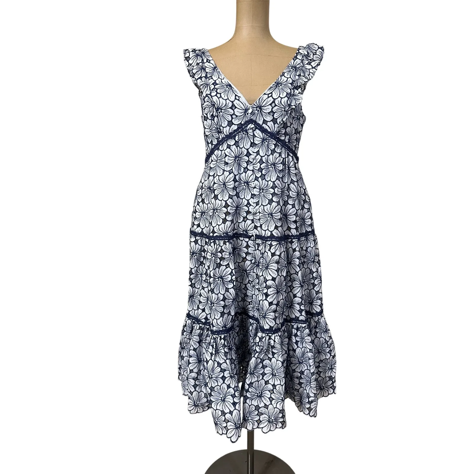 Marchesa Notte Midi Knee Dress Broderie Blue Floral Print Cotton Size 6 - Image 6